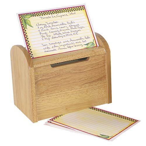 Classic wooden recipe card box with a lid that serves as a recipe card holder as you cook.