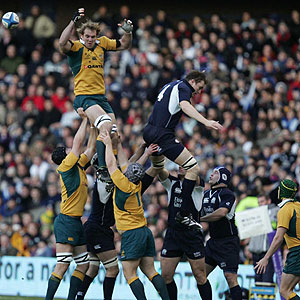 Australia and Scotland contest a rugby union lineout