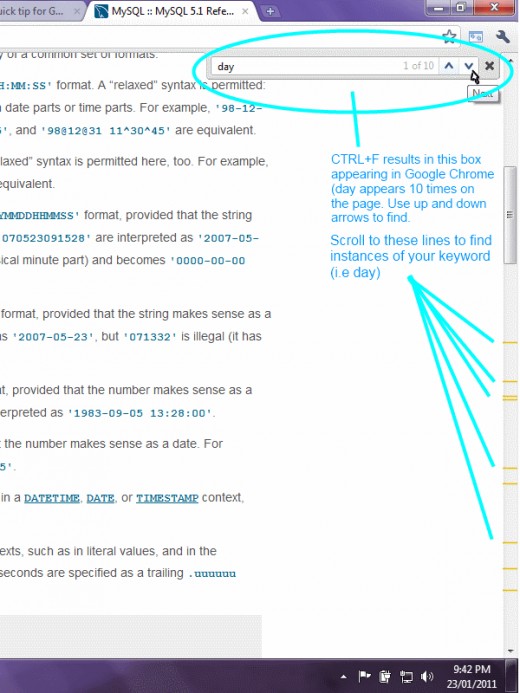 Snapshot of Google Chrome CTRL+F search box and scroll bar lines
