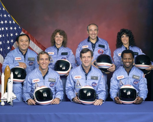 STS-51-L crew: (front row) Michael J. Smith, Dick Scobee, Ronald McNair; (back row) Ellison Onizuka, Christa McAuliffe, Gregory Jarvis, Judith Resnik