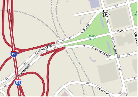 Map of Dealey Plaza. It's easy to see the three streets, Main, Elm, and Commerce as they converge to go beneath the overpass.