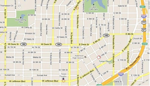This is a map of the neighborhood where Oswalds fled to. The red circle in the top center marks the location of his boarding house. Lower right is the area where Tippet was shot. Bottom center is location of the Texas Theatre