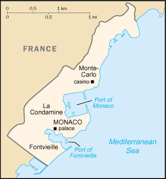 Map of the Principality of Monaco and its Mediterranean coastline 