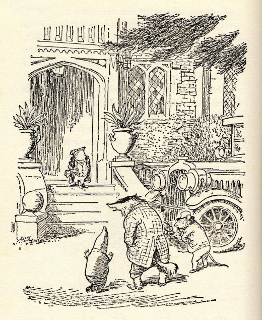Mole arrives at Toad Hall with Badger and Ratty.
