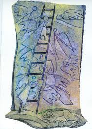 Angels climbing and descending the ladder from earth to heaven.