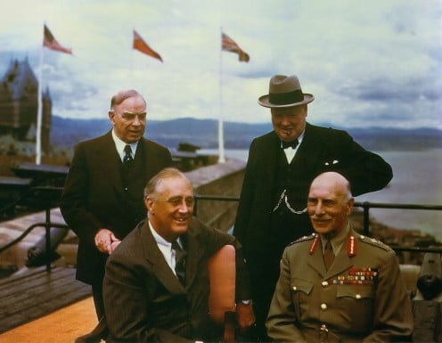 With the Chateau Frontenac in the background, WL Mackenzie King, FD Roosevelt, WS Churchill and their host Canadian Governor-General the Earl of Athlone, at Quebec City's Citadel in 1943