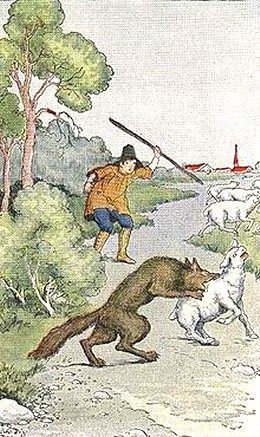 Scene from the Aesop's fable about the boy who cried "wolf."