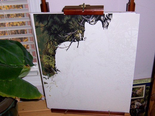 Wolf Paint by Number partially finished.  This is on the briefcase easel which opens up into a full sized easel. 