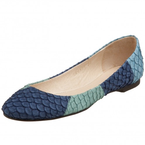 Add interest to an outfit with blue flats that have pattern or texture
