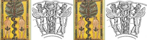 Ningishzida the Snake-God and Adam and Eve - Escorial Wikimedia Commons. public domain - copyright expired. http://en.wikipedia.org/wiki/File:Ningizzida.jpg and http://en.wikipedia.org/wiki/File:B_Escorial_18.jpg