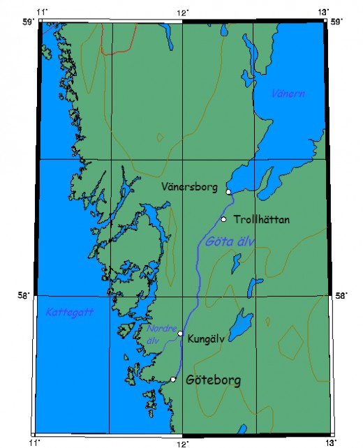 Map location of Gothenburg on the Goeta River 