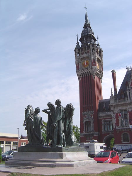 The Flemish belfry at the Town Hall of Calais, and, in the public square, Rodin's sculpture of 'The Burghers of Calais'
