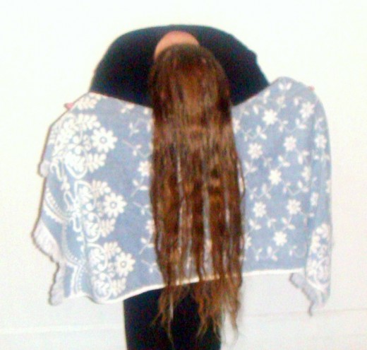 I didn't have a beach towel handy, but as you can see, you definitely need a bigger towel with longer hair!
