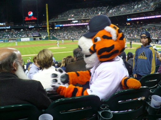 Paws the mascot, Detroit Tigers/Chicago White Sox baseball game, Comerica Park, Downtown Detroit, Michigan