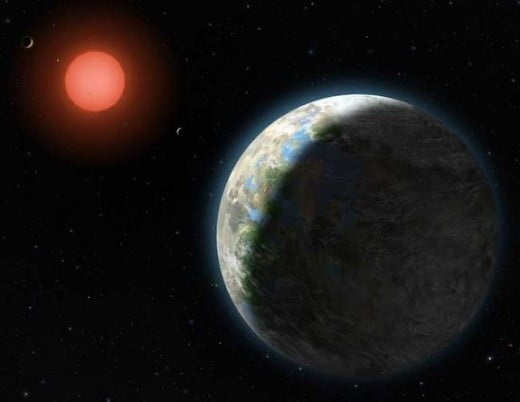 Gliese 581g's red dwarf star glows steadily in the background, providing enough warmth on the planets surface capable of supporting life as we know it.