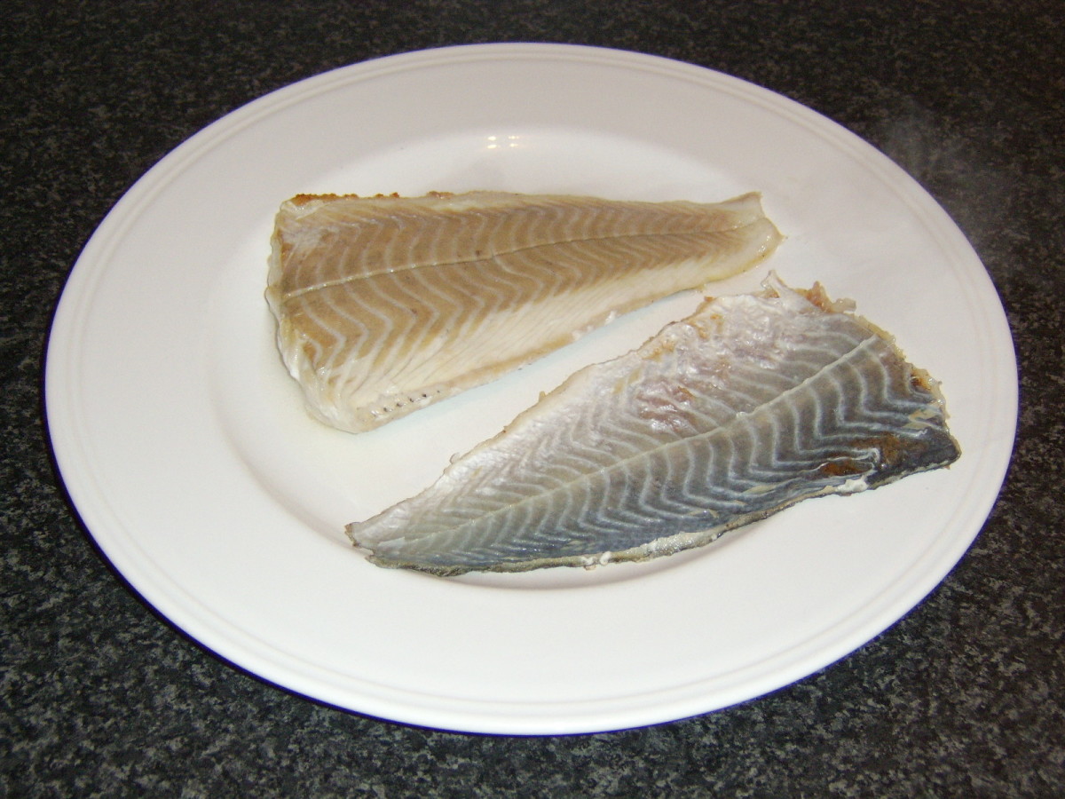 Skin cleanly removed from a pan fried coley fillet