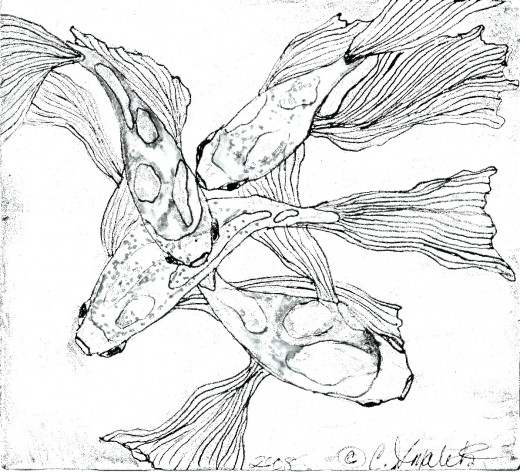 Fluid, Happy Koi, 2008...this was first sketched on a 6 x 6 square of acid free paper, then filled in with fine line marker
