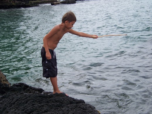 A cute little Hawaiian boy fishing with a stick. 