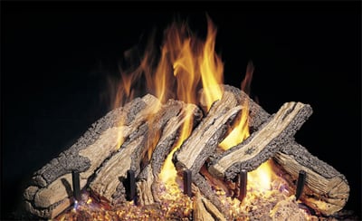 The western campfire gas fireplace ceramic log set is different from most gas fireplace designs.  The ceramic logs are not made to lay horizontal  but stack to maximize higher flames for a "roaring" flame design.