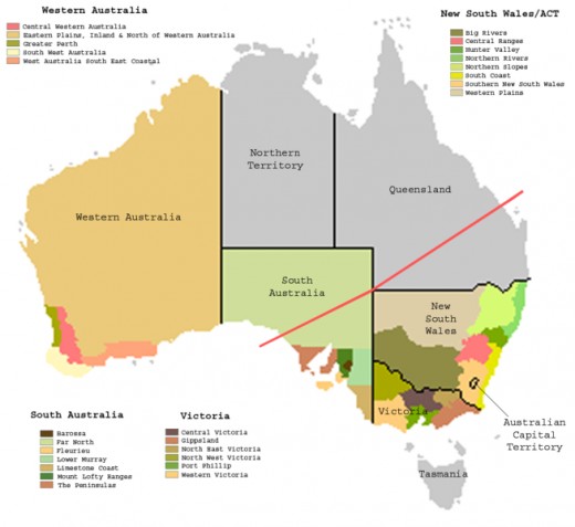 The wine growing regions of Australia.