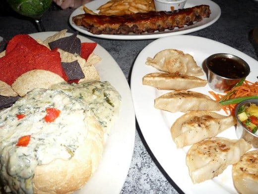 Clockwise from Top: Baby Back Ribs, Pork Pot Stickers, Spinach & Artichoke Dip