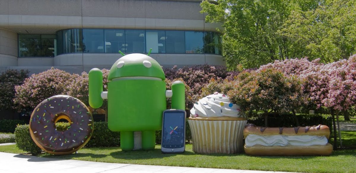 The Mascots on Google Campus, from left to right: Donut, Android (and Nexus One), Cupcake, and Eclair