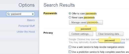 Search for "password" in Options