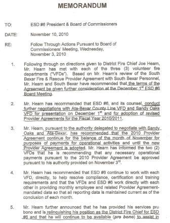 Memorandum of Resignation from Joe Hearn. Nov. 10, 2011. pg. 1