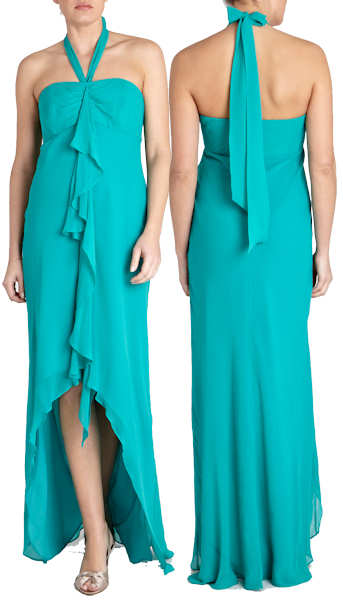 Coast Maxi Dress in Jade.  Pure Silk, Halter Neck with Centre Waterfall Frill and Asymmetric Hemline
