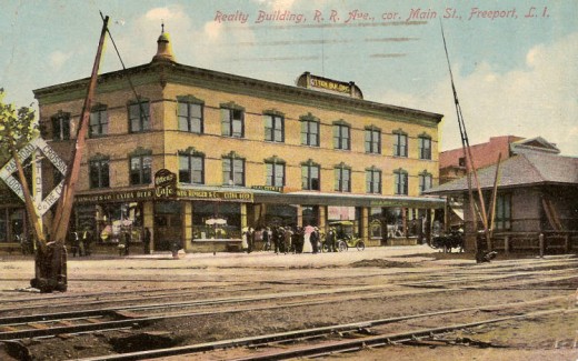 Realty Building, Railroad Avenue, corner of Main Street, Freeport, Long Island, NY. Freeport is just southeast of Hewlett. 