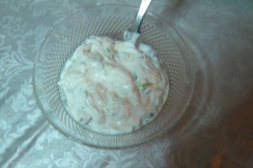 Tzatziki is an appetiser made with yogurt, popular in Greece. source Wikipedia - Health Benefits of Yogurt, Yoghurt, Yogourt or Yoghourt