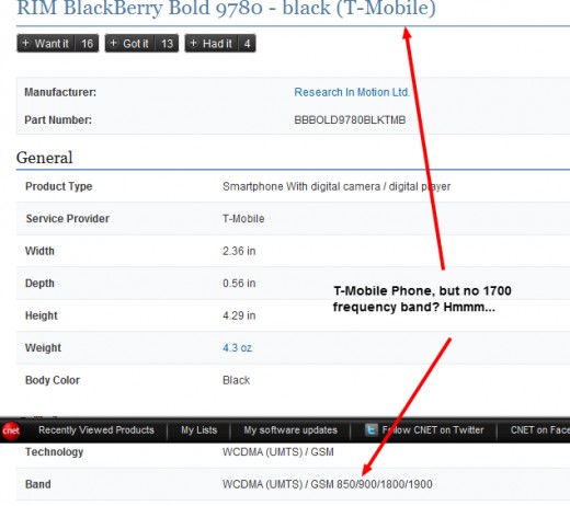Blackberry Bold 9780 T-Mobile specs... No mention of T-Mobile 3G bands!
