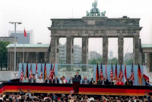 President Reagan giving a speech at the Berlin Wall, Brandenburg Gate, Federal Republic of Germany. June 12, 1987
