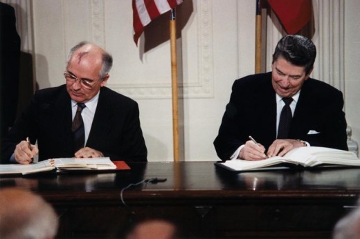 President Reagan and General Secretary Gorbachev signing the INF Treaty in the East Room of the White House, 8 December 1987 