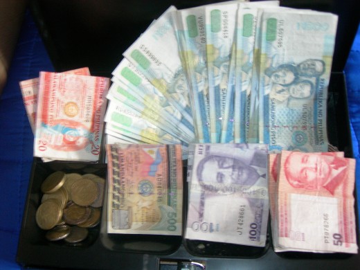 Philippine Peso Denomination and Coins=One thousand Pesos, Five Hundred Pesos, Fifty Pesos, Twenty Pesos. Ten Peso Coins, Five Peso Coins
