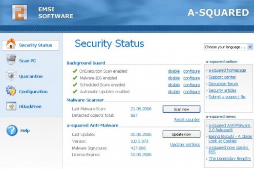 a-squared anti-malware security status window (control center)