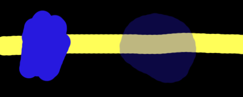 The 2 brushes pictured here are in blue. The left one has 100% opacity. It covers the yellow line behind it. The brush on the right is at 30% opacity. Notice how it doesn't cover the yellow line?
