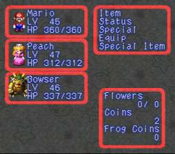 This is a picture of the main menu in the Super Mario RPG for the Super Nintendo Entertainment System. You can see Level and HP (Hit Points) for each character.
