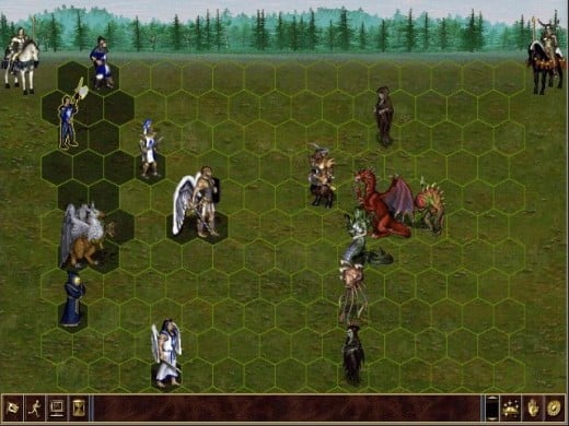 This is a screenshot from Heroes of Might and Magic 3. This is an example of a TBS game, where players take turns managing their kingdom and battling neutral monsters and other players.