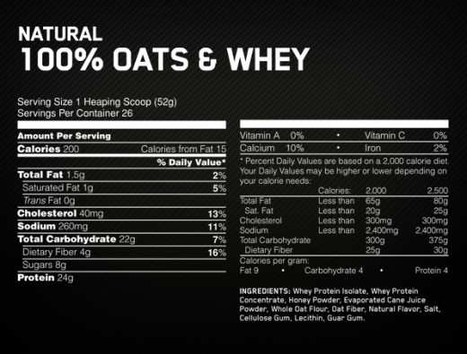 Optimum Nutrition Oats and Whey nutritional panel