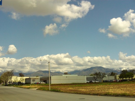 View of the San Bernardino Mountains with clouds.