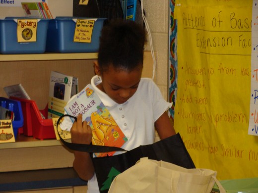A student "shopping" for books at her level.