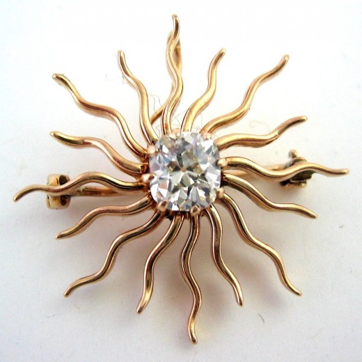 Antique Mine Cut Diamond & Gold Starburst Brooch Pendant