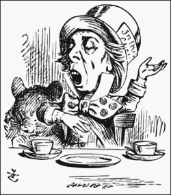 The Hatter as depicted by Sir John Tenniel, reciting his nonsensical poem, "Twinkle, Twinkle, Little Bat