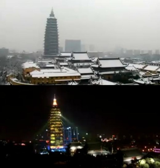 Tianning Buddhist Pagoda in the day and at night