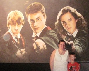 My nephew and me in front of one of the enormous Harry Potter signs outside the Exhibition