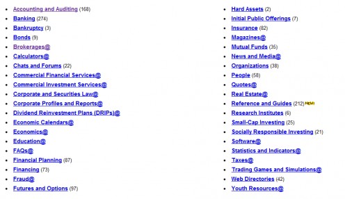 You can select your topic of interest and  get the links to resources from Yahoo Directory (Click on the image to see the enlarged version). Please check the website to browse through the links