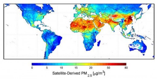 The map of global air-particulate pollution shows fine particulate matter density worldwide through color-coding, where white and dark blue areas have the lowest concentration of particulates and dark red areas have the highest.