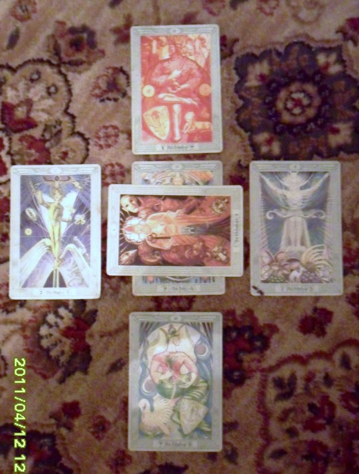Central card represents my position in the question.  Horizontal card represents what may thwart me. Bottom card represents that which is beneath me, my foundation. Top card  that which is above me, to right -recent past, to left-the near future