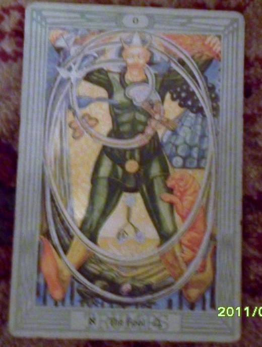 Closer view of the first card which represents my place in the situation. this is the first card turned over, it is not reversed, so I will see all the other cards in relation to its upright position.